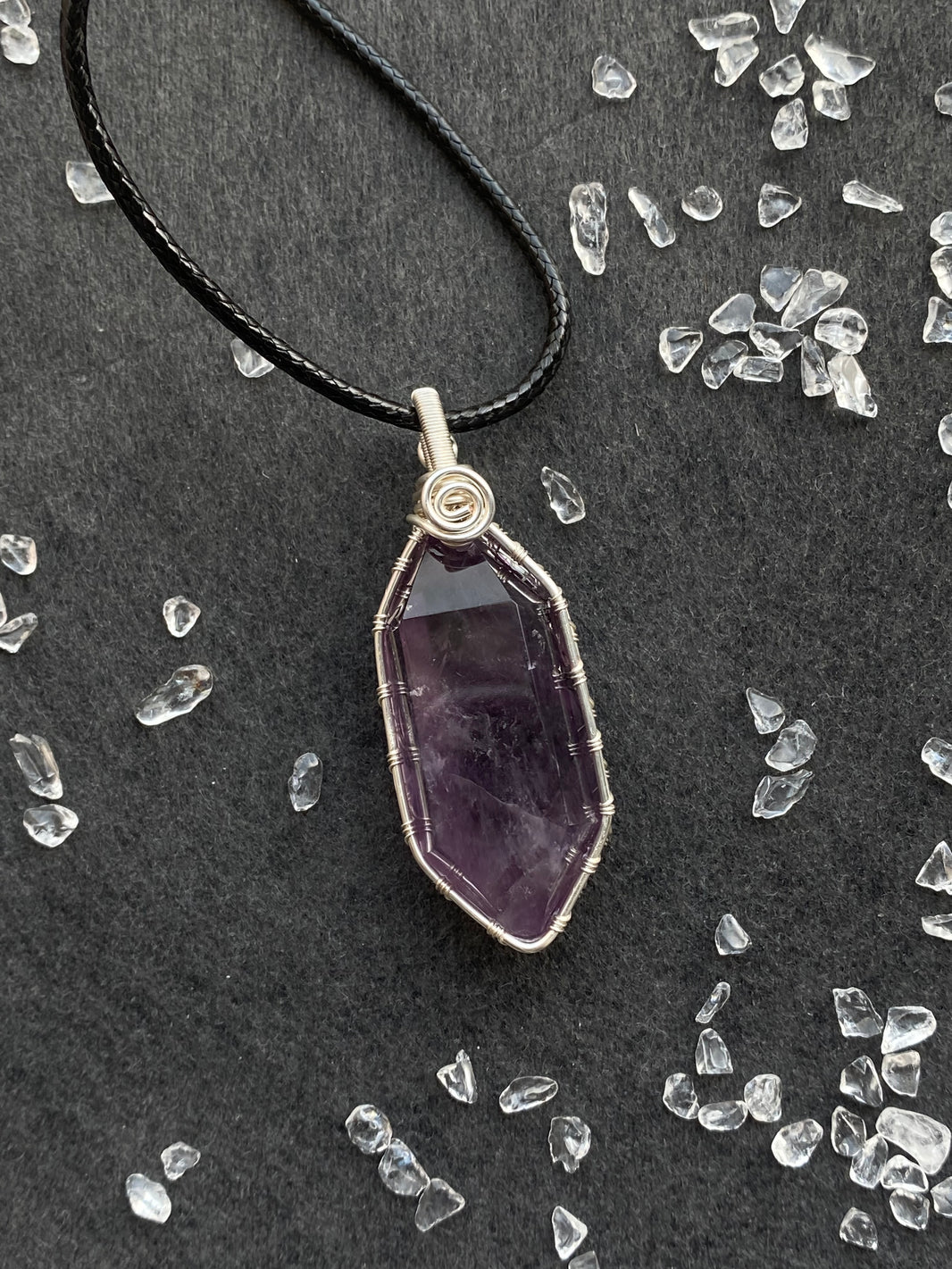 34 - Natural Amethyst Faceted Wire Wrapped Pendant Necklace