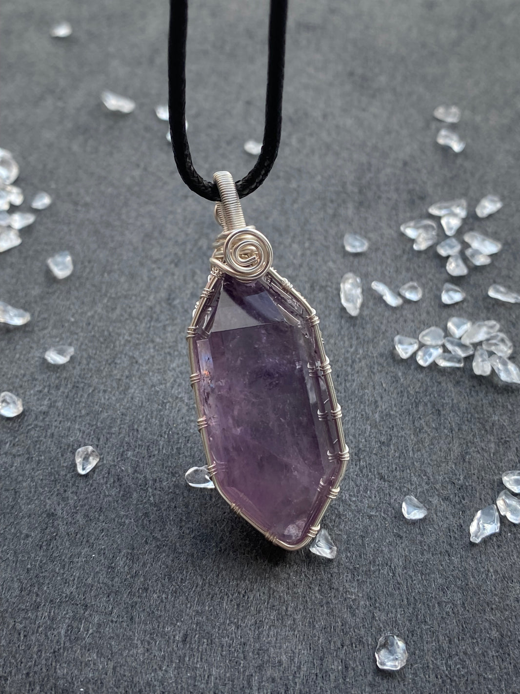 34 - Natural Amethyst Faceted Wire Wrapped Pendant Necklace