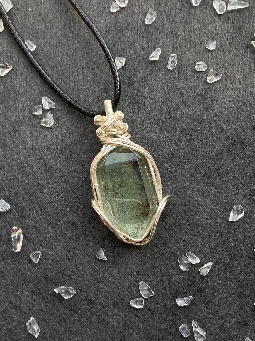 35 - Natural Green Crystal Rough Wire Wrapped Pendant Necklace