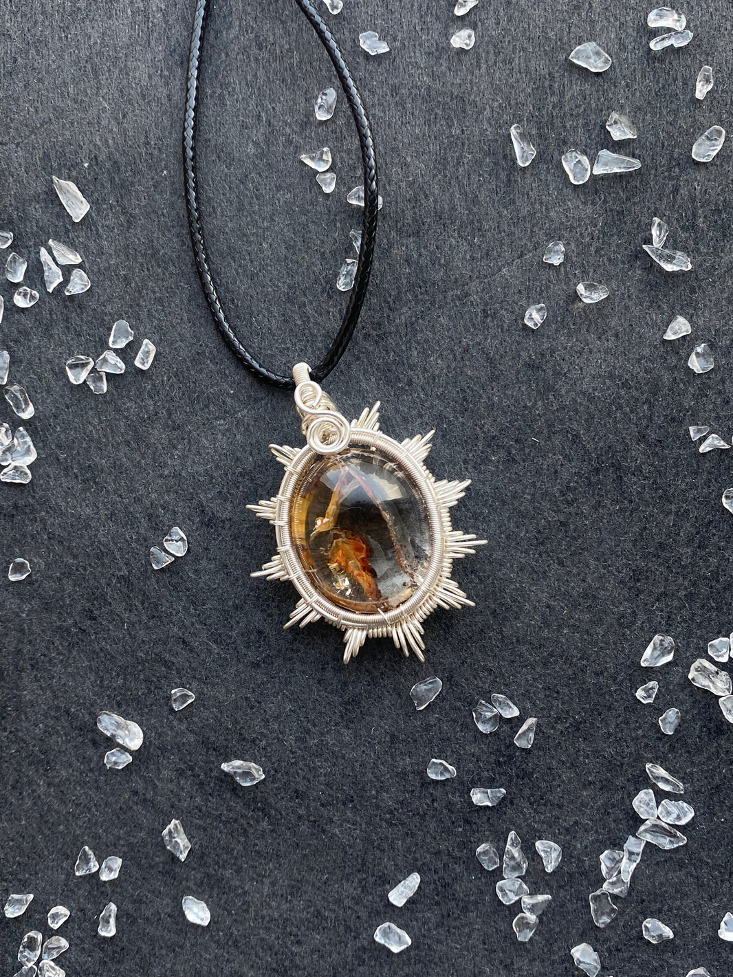 36 - Natural Crystal Sunburst Wire Wrapped Pendant Necklace