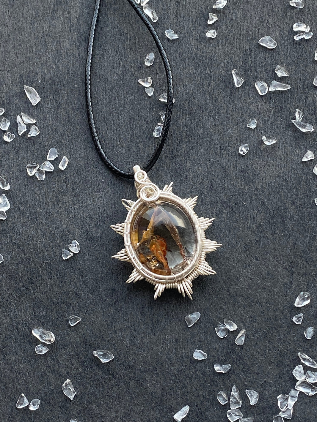 36 - Natural Crystal Sunburst Wire Wrapped Pendant Necklace