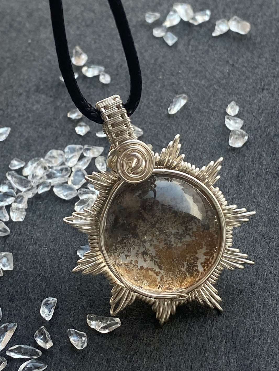 38 - Natural Crystal Rotatable Round Sunburst Wire Wrapped Pendant Necklace