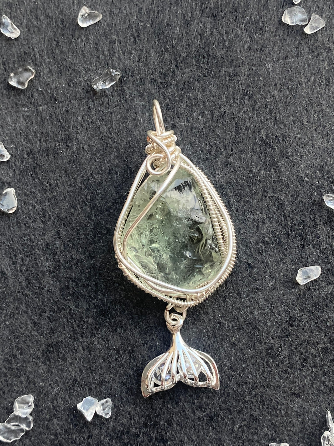 45 - Mermaid Tail Dangle Green Crystal Wire Wrapped Pendant