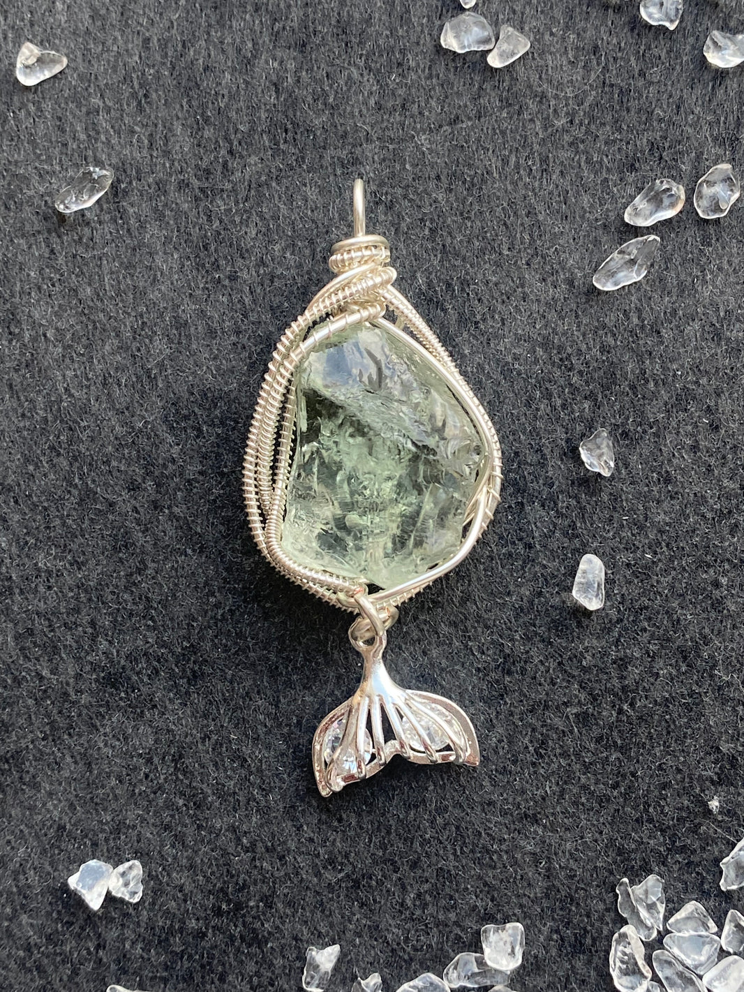 45 - Mermaid Tail Dangle Green Crystal Wire Wrapped Pendant
